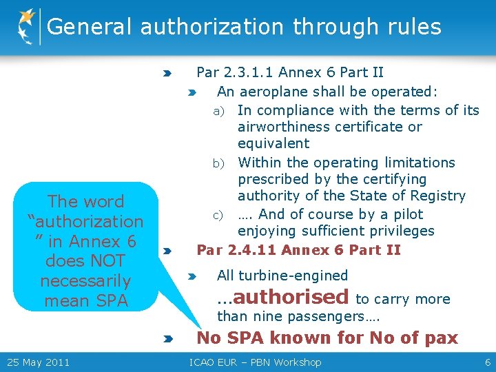 General authorization through rules The word “authorization ” in Annex 6 does NOT necessarily