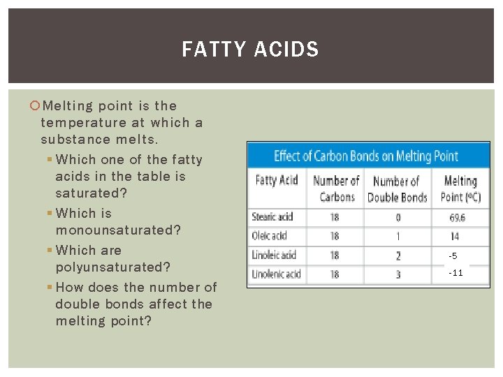FATTY ACIDS Melting point is the temperature at which a substance melts. § Which