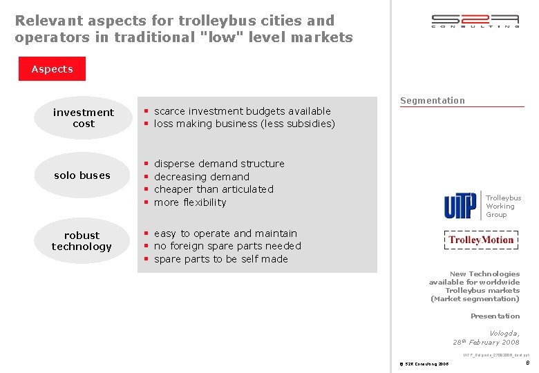 Relevant aspects for trolleybus cities and operators in traditional "low" level markets Aspects investment