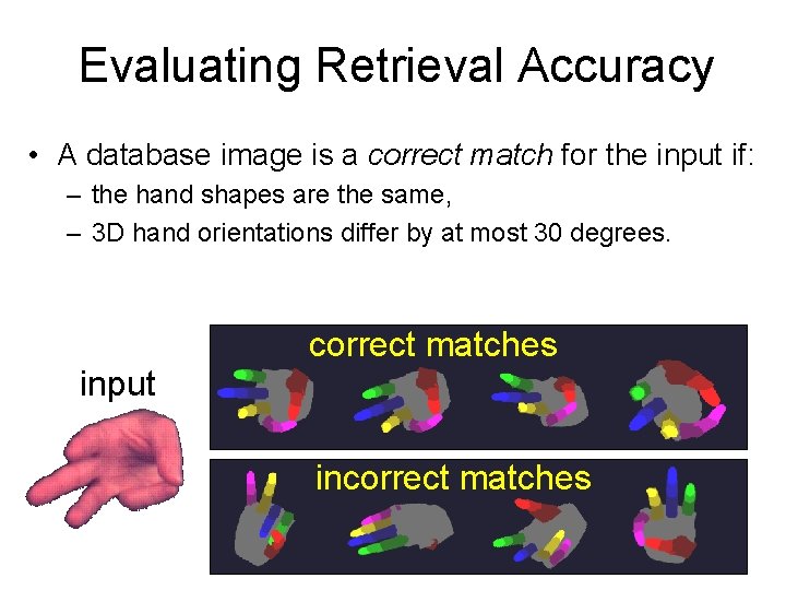 Evaluating Retrieval Accuracy • A database image is a correct match for the input