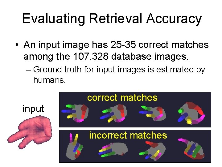 Evaluating Retrieval Accuracy • An input image has 25 -35 correct matches among the