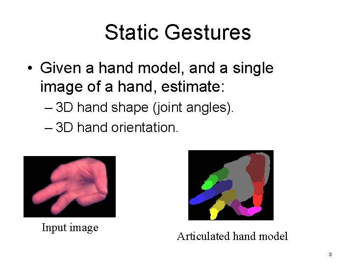 Static Gestures • Given a hand model, and a single image of a hand,