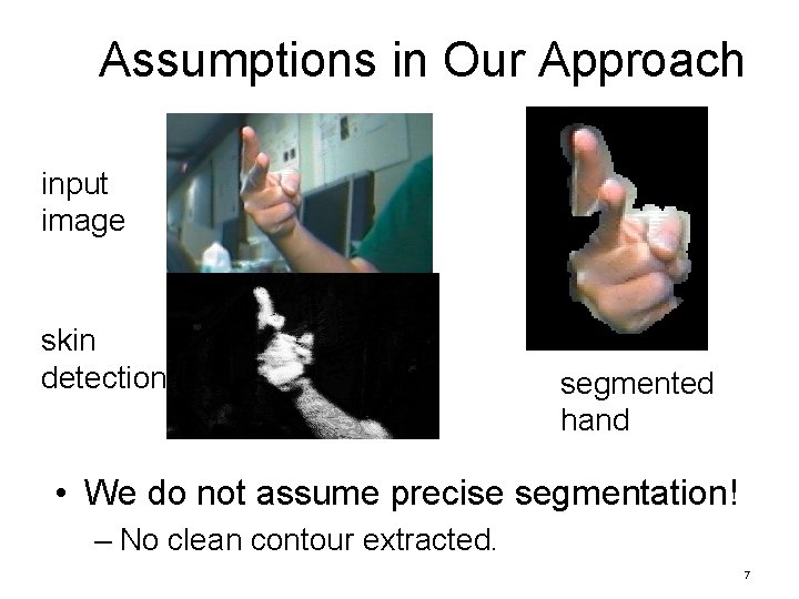 Assumptions in Our Approach input image skin detection segmented hand • We do not