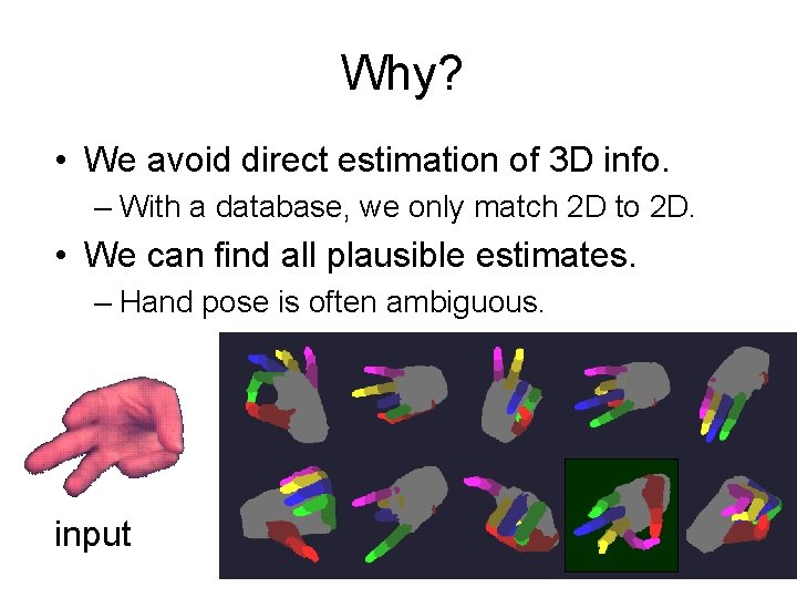 Why? • We avoid direct estimation of 3 D info. – With a database,