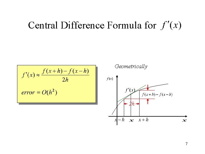 Central Difference Formula for Geometrically 2 h 7 