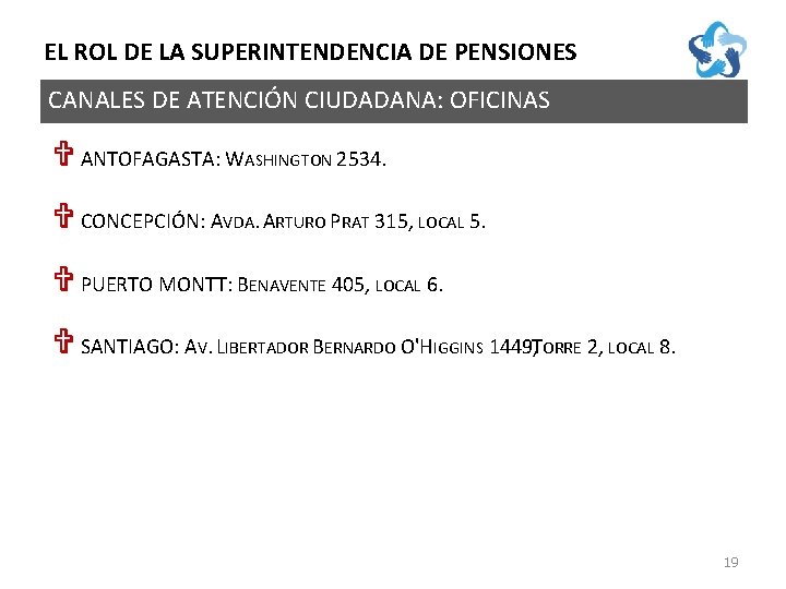 EL ROL DE LA SUPERINTENDENCIA DE PENSIONES CANALES DE ATENCIÓN CIUDADANA: OFICINAS V ANTOFAGASTA: