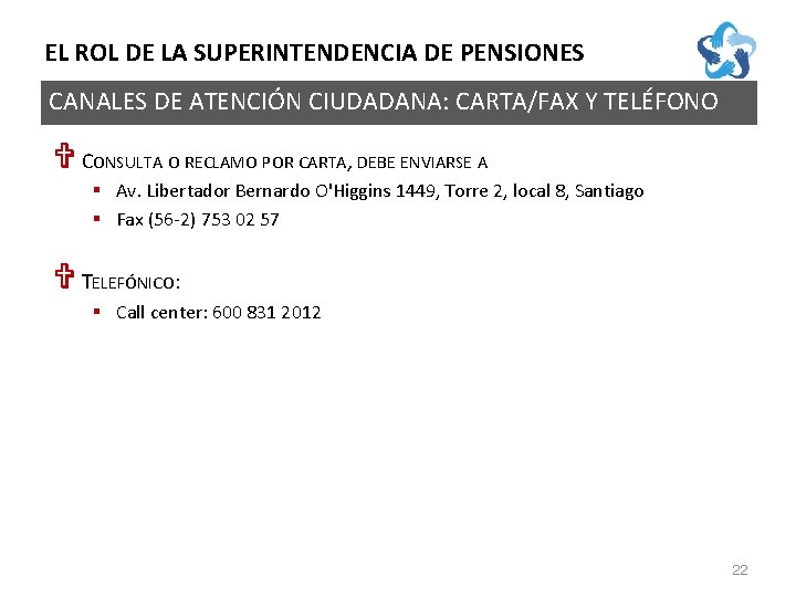 EL ROL DE LA SUPERINTENDENCIA DE PENSIONES CANALES DE ATENCIÓN CIUDADANA: CARTA/FAX Y TELÉFONO