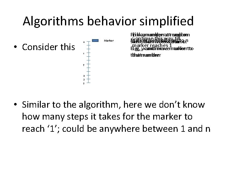 Algorithms behavior simplified • Consider this n x Marker Pickaanumberatatrandom Continue this way till