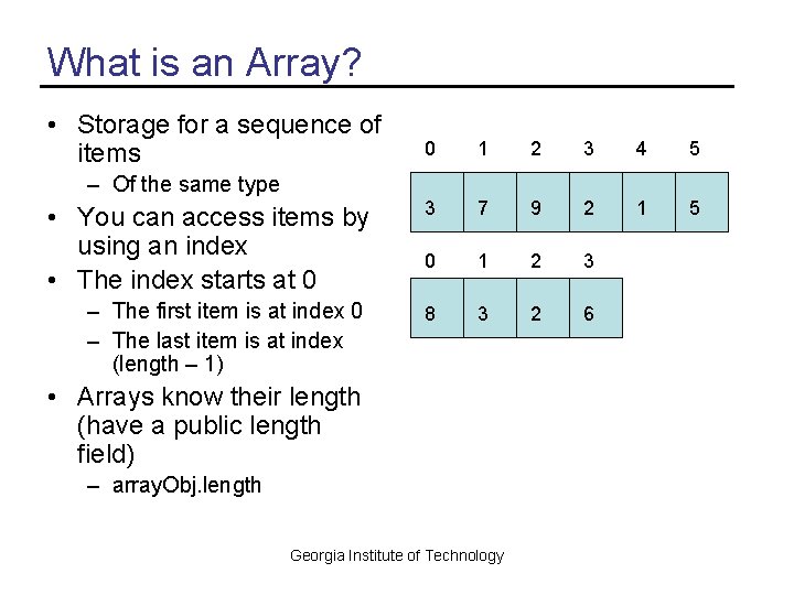 What is an Array? • Storage for a sequence of items 0 1 2