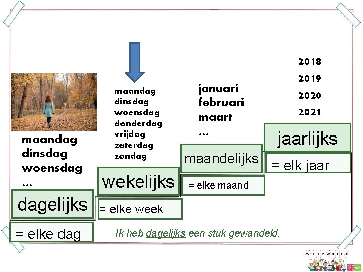 maandag dinsdag woensdag … dagelijks = elke dag maandag dinsdag woensdag donderdag vrijdag zaterdag