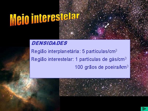 DENSIDADES Região interplanetária: 5 partículas/cm 3 Região interestelar: 1 partículas de gás/cm 3 100