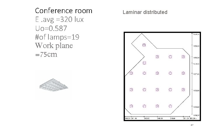 Conference room E. avg =320 lux Uo=0. 587 #of lamps=19 Work plane =75 cm