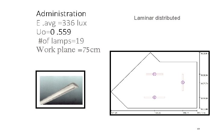 Administration E. avg =336 lux Uo=0. 559 #of lamps=19 Work plane =75 cm Laminar