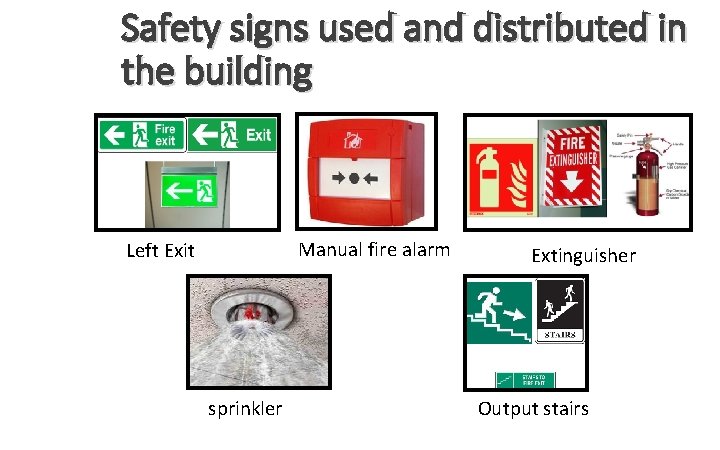 Safety signs used and distributed in the building Manual fire alarm Left Exit sprinkler