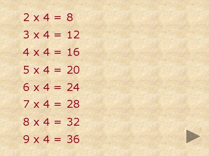 2 x 4= 8 3 x 4 = 12 4 x 4 = 16