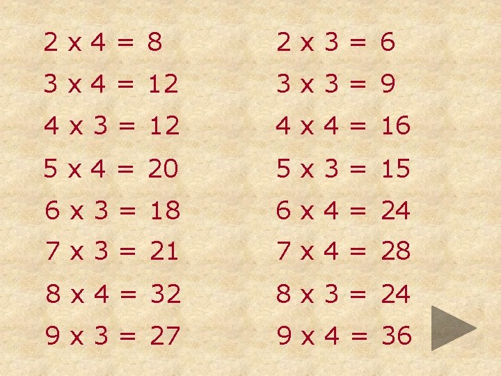 2 x 4= 8 2 x 3= 6 3 x 4 = 12 3
