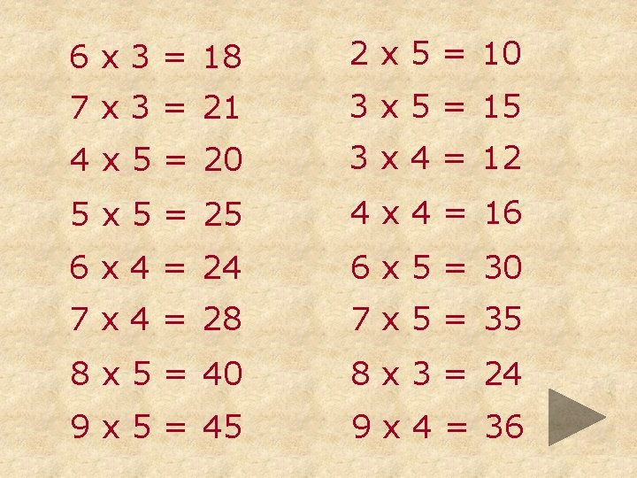 6 x 3 = 18 2 x 5 = 10 7 x 3 =