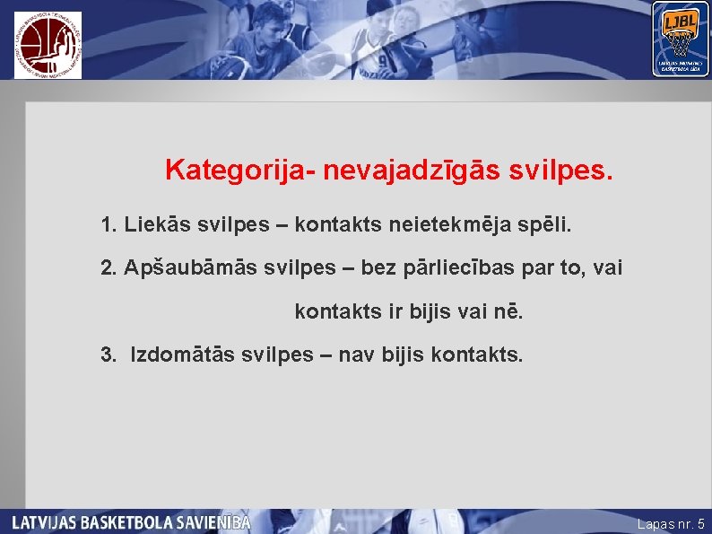 Kategorija- nevajadzīgās svilpes. 1. Liekās svilpes – kontakts neietekmēja spēli. 2. Apšaubāmās 5 svilpes