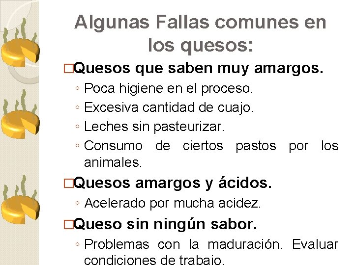 Algunas Fallas comunes en los quesos: �Quesos que saben muy amargos. ◦ Poca higiene