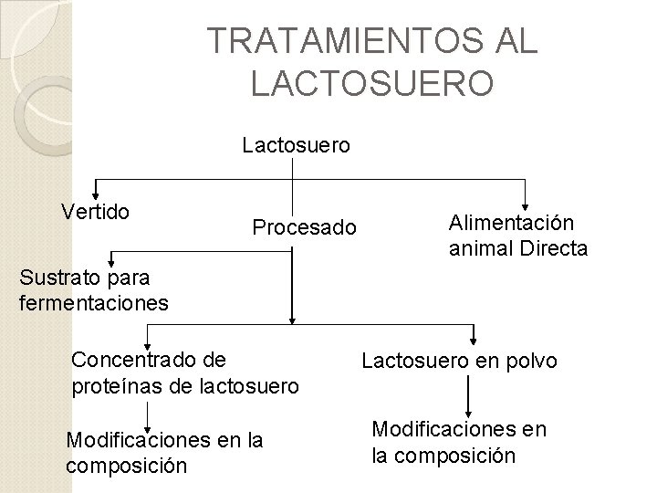 TRATAMIENTOS AL LACTOSUERO Lactosuero Vertido Procesado Alimentación animal Directa Sustrato para fermentaciones Concentrado de