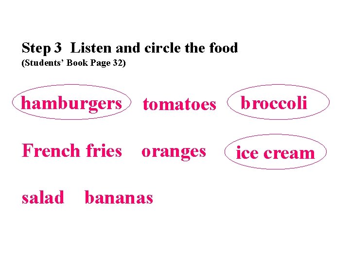 Step 3 Listen and circle the food (Students’ Book Page 32) hamburgers tomatoes broccoli