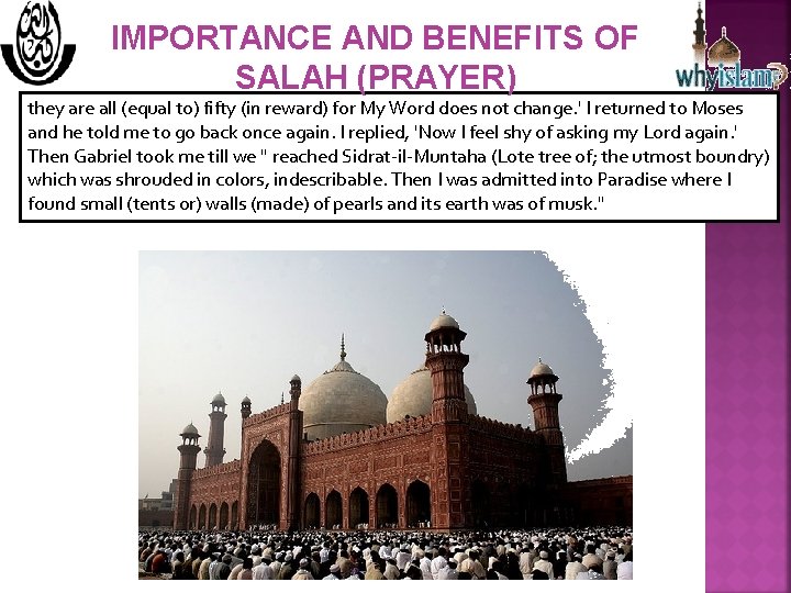 IMPORTANCE AND BENEFITS OF SALAH (PRAYER) they are all (equal to) fifty (in reward)