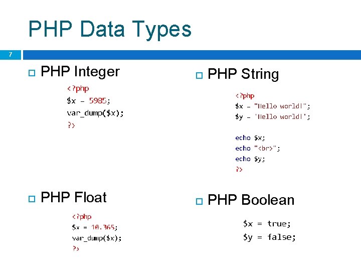 PHP Data Types 7 PHP Integer PHP String PHP Float PHP Boolean 