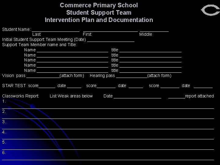Commerce Primary School Student Support Team Intervention Plan and Documentation Student Name: _______________________ Last