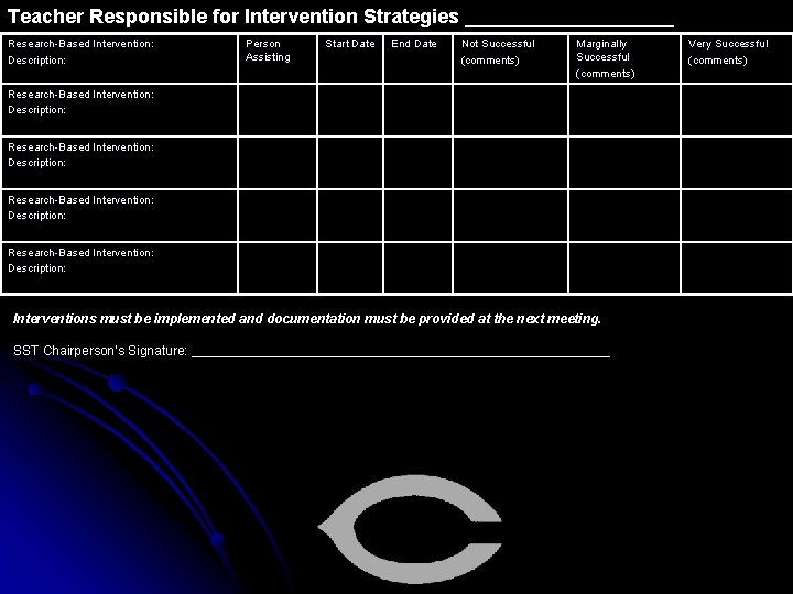 Teacher Responsible for Intervention Strategies __________ Research-Based Intervention: Description: Person Assisting Start Date End