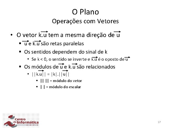 O Plano Operações com Vetores • O vetor k. u tem a mesma direção