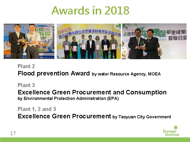 Awards in 2018 Plant 2 Flood prevention Award by water Resource Agency, MOEA Plant