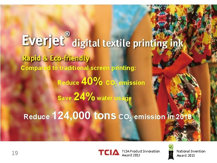 Compared to traditional screen printing: 40% CO emission Save 24% water usage Reduce 124,
