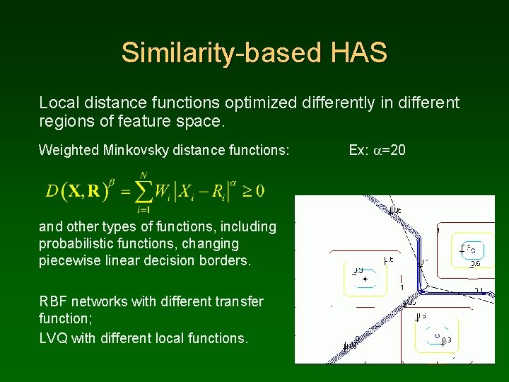 Similarity-based HAS Local distance functions optimized differently in different regions of feature space. Weighted