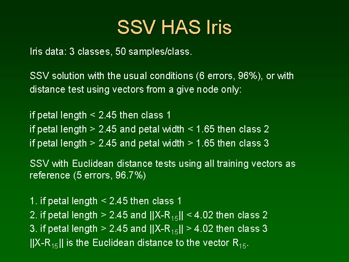 SSV HAS Iris data: 3 classes, 50 samples/class. SSV solution with the usual conditions