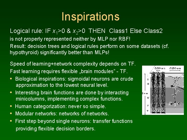 Inspirations Logical rule: IF x 1>0 & x 2>0 THEN Class 1 Else Class