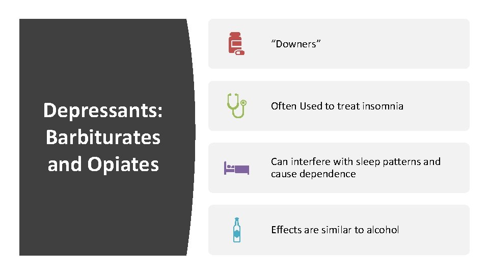 “Downers” Depressants: Barbiturates and Opiates Often Used to treat insomnia Can interfere with sleep