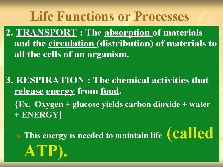 Life Functions or Processes 2. TRANSPORT : The absorption of materials and the circulation