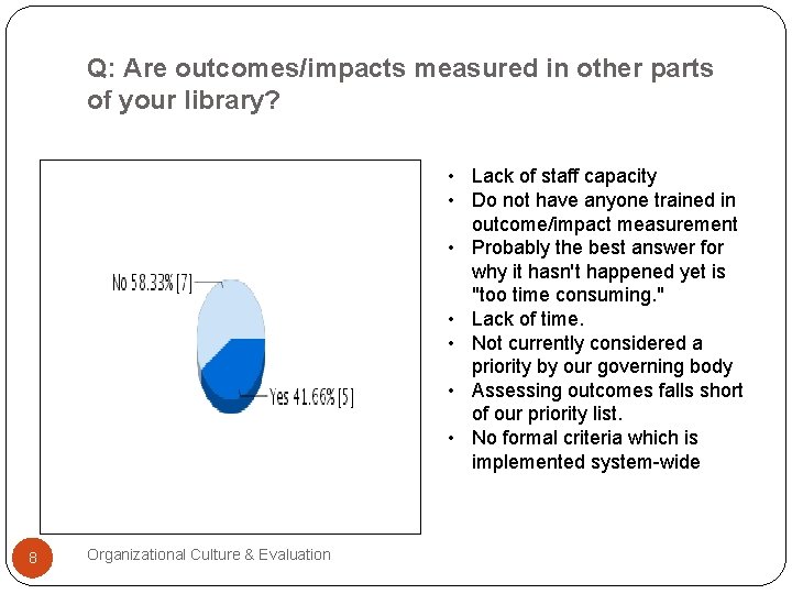 Q: Are outcomes/impacts measured in other parts of your library? • Lack of staff