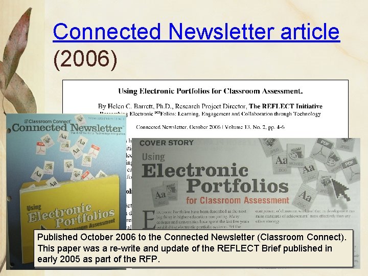 Connected Newsletter article (2006) Published October 2006 to the Connected Newsletter (Classroom Connect). This