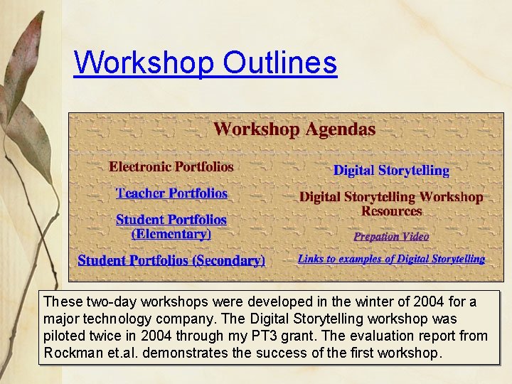 Workshop Outlines These two-day workshops were developed in the winter of 2004 for a