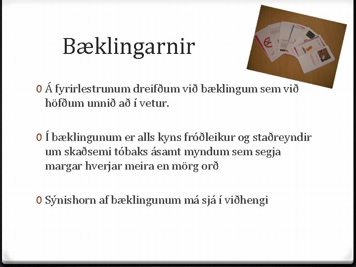 Bæklingarnir 0 Á fyrirlestrunum dreifðum við bæklingum sem við höfðum unnið að í vetur.