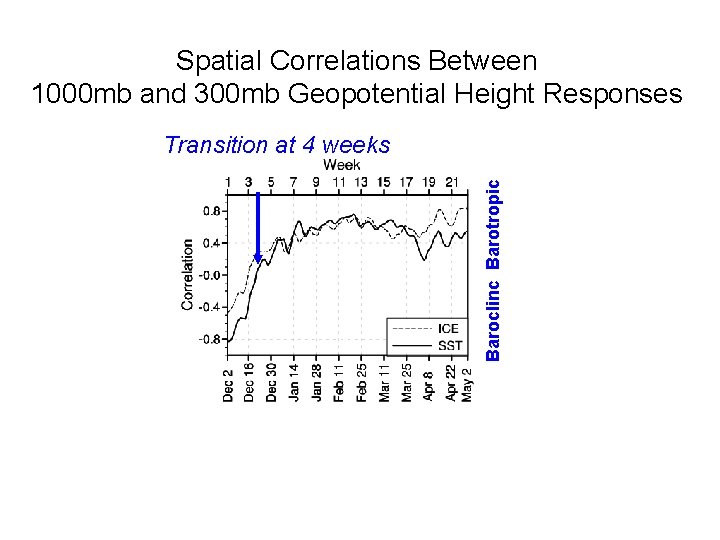 Spatial Correlations Between 1000 mb and 300 mb Geopotential Height Responses Baroclinc Barotropic Transition