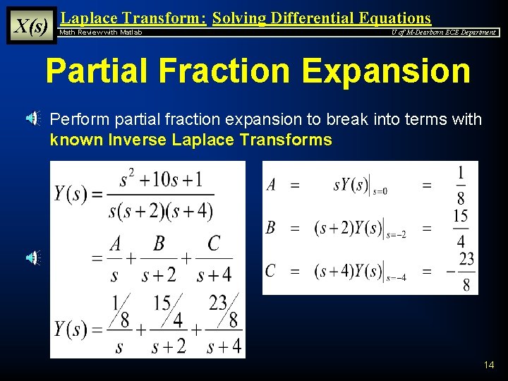 X(s) Laplace Transform: Solving Differential Equations Math Review with Matlab U of M-Dearborn ECE