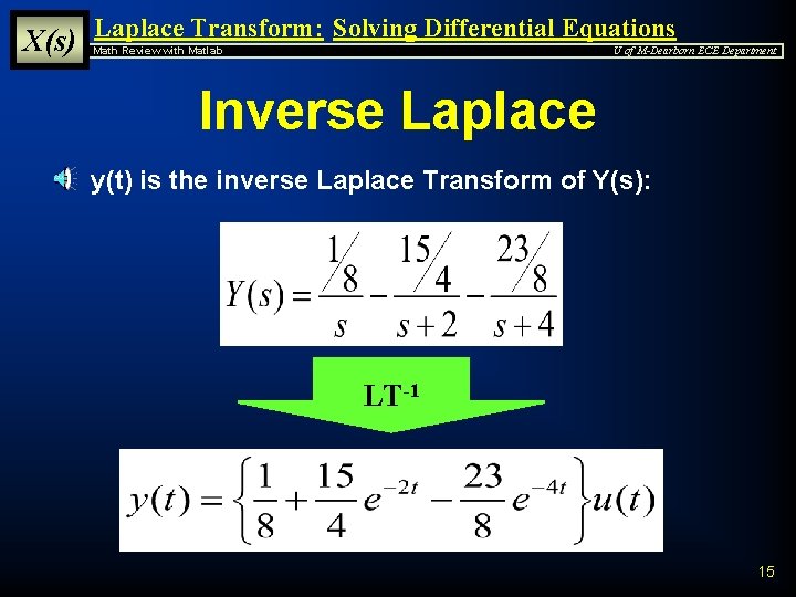 X(s) Laplace Transform: Solving Differential Equations Math Review with Matlab U of M-Dearborn ECE