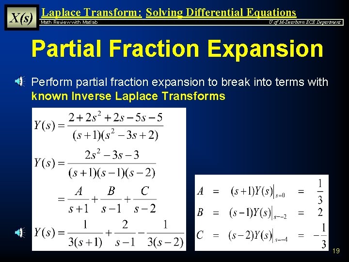 X(s) Laplace Transform: Solving Differential Equations Math Review with Matlab U of M-Dearborn ECE