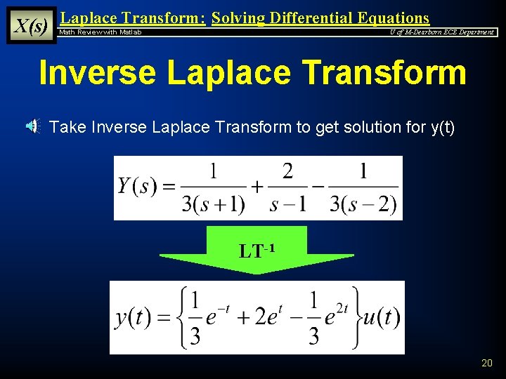 X(s) Laplace Transform: Solving Differential Equations Math Review with Matlab U of M-Dearborn ECE