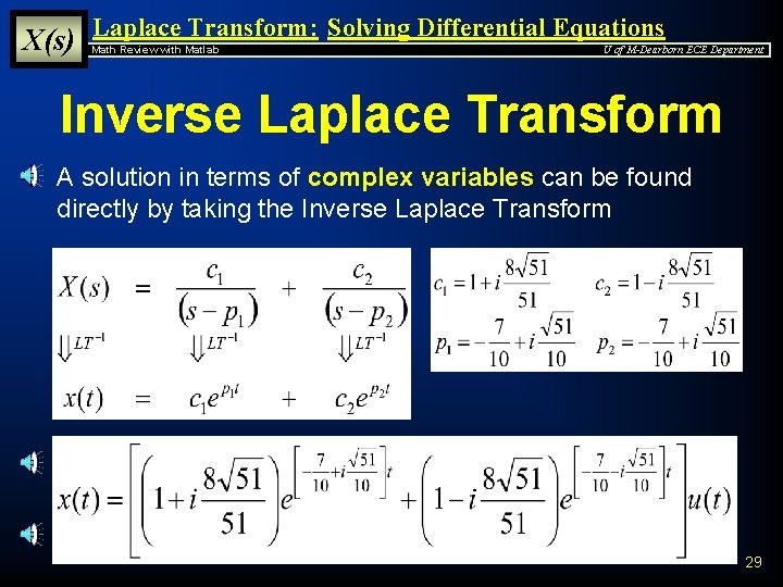X(s) Laplace Transform: Solving Differential Equations Math Review with Matlab U of M-Dearborn ECE