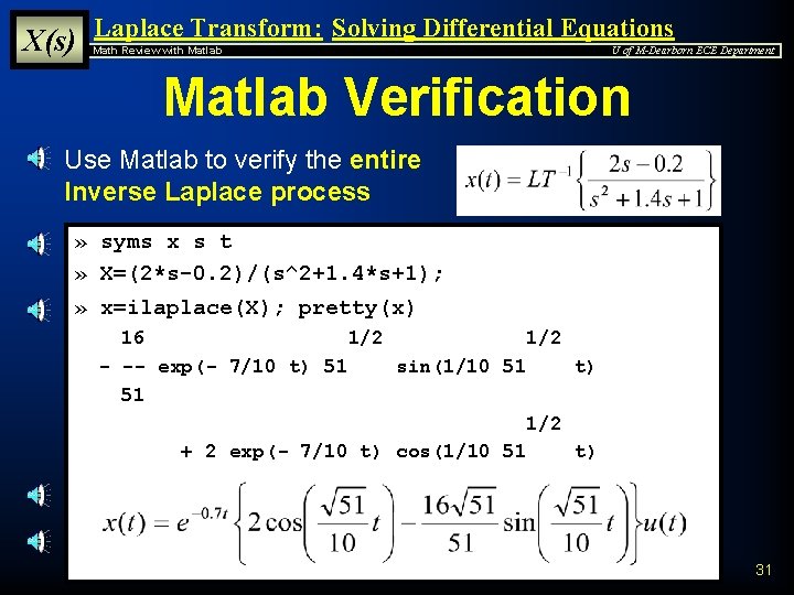X(s) Laplace Transform: Solving Differential Equations Math Review with Matlab U of M-Dearborn ECE