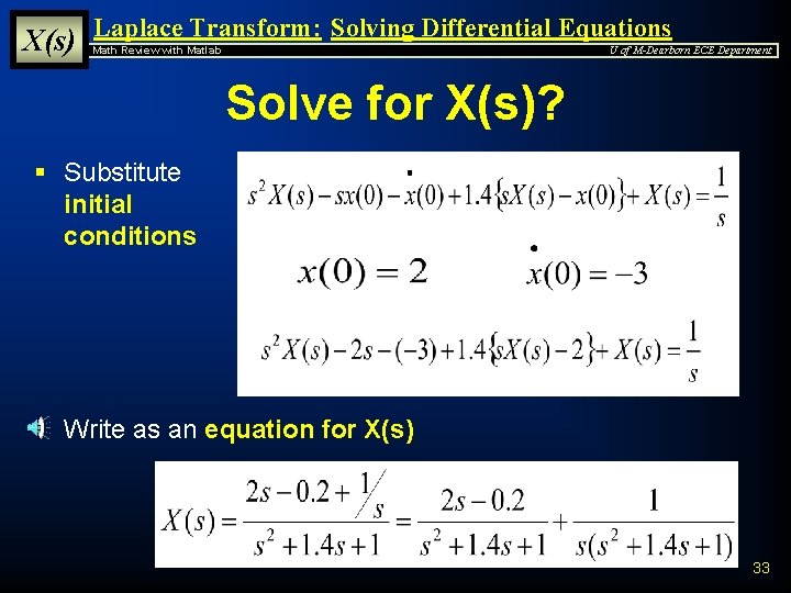 X(s) Laplace Transform: Solving Differential Equations Math Review with Matlab U of M-Dearborn ECE