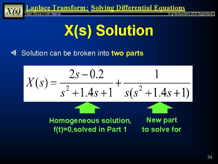 X(s) Laplace Transform: Solving Differential Equations Math Review with Matlab U of M-Dearborn ECE